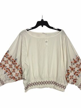 GAP Cream Peasant Blouse with Orange & Navy Floral Embroidery XL NWT